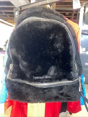 Michael Kors Black Faux Fur Mini Backpack with Silver Zippers